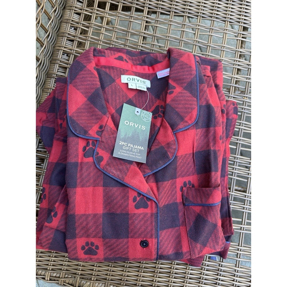 Vintage Orvis Paw Print Red flannel 2 piece pajama set Size Large New w/tags
